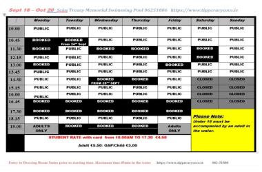 Sean Treacy Pool timetable 16 Sept - 20 October