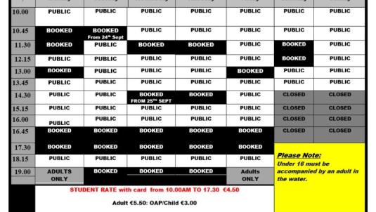 Sean Treacy Pool timetable 16 Sept - 20 October